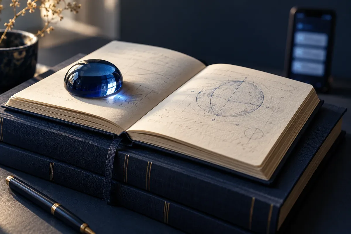 An open research notebook on navy books, with a sapphire paperweight and an out-of-focus phone behind it.
