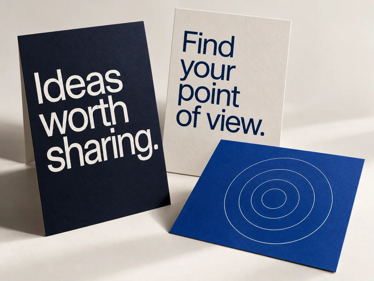 AI-generated presentation of navy and ivory editorial cards with large, readable carousel headlines.