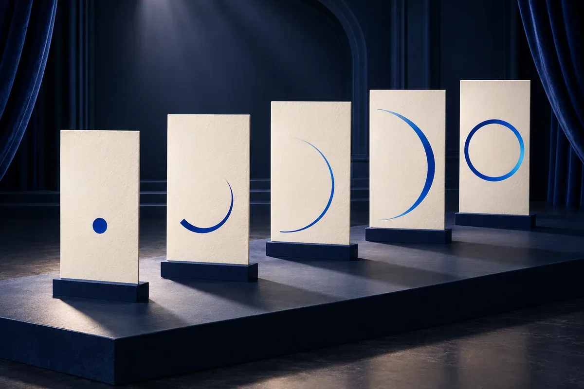 AI-generated editorial scene of five ivory panels on a navy stage, developing a blue circle from one scene to the next.