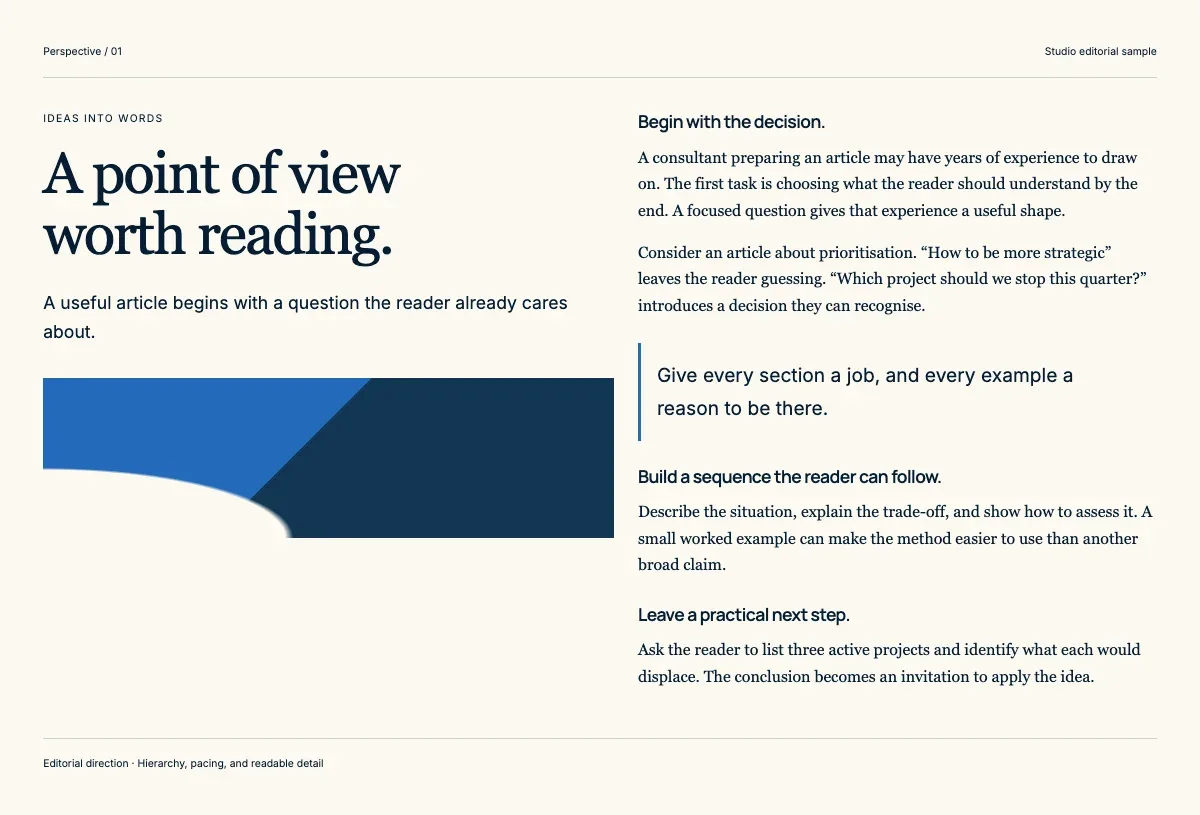 Studio article sample with a headline, subheadings, body copy and pull quote.