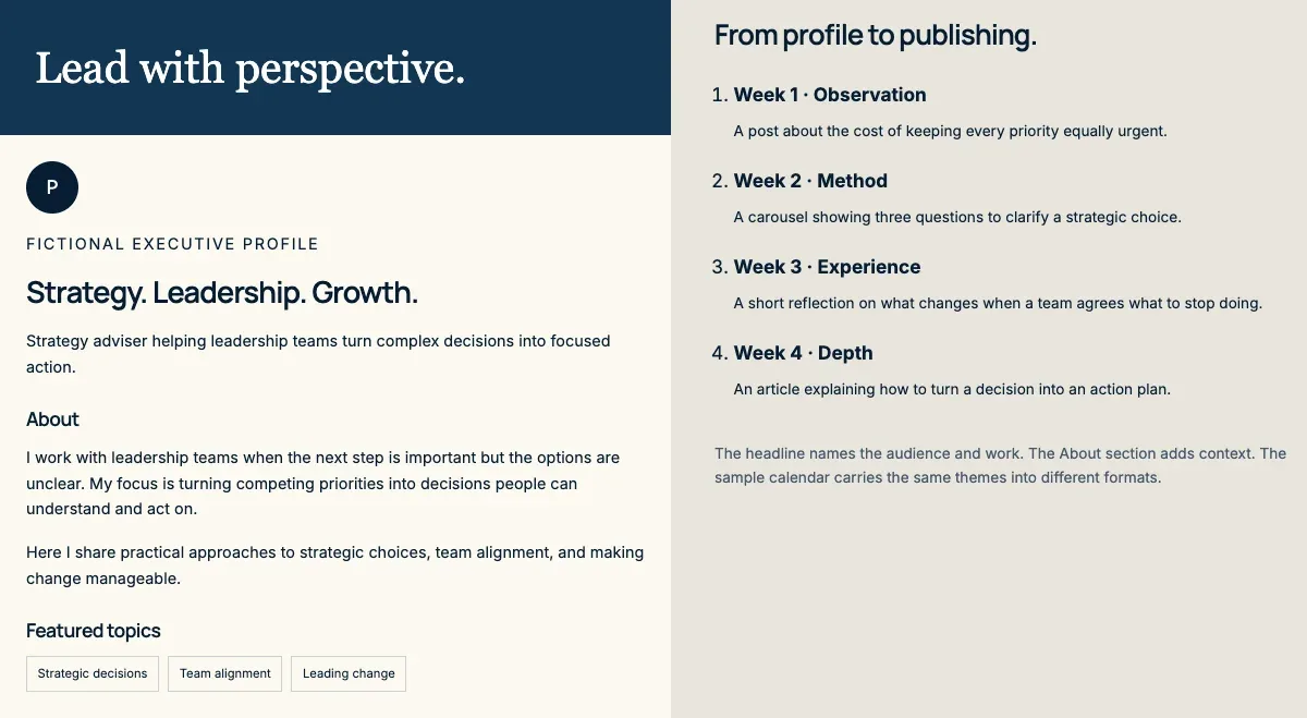 Fictional executive profile alongside a four-week content outline.