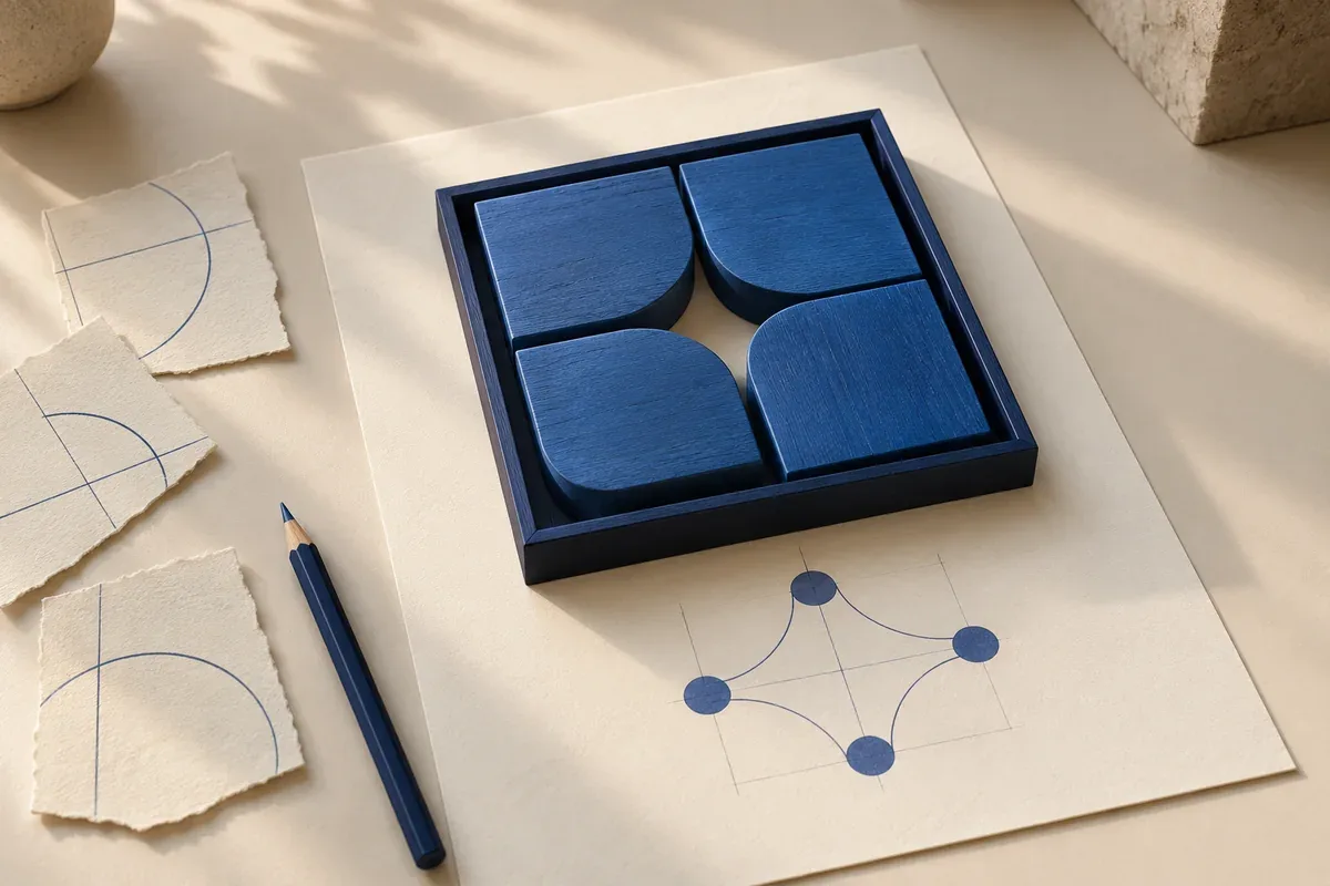 AI-generated still life of four blue wooden modules arranged in a square frame above a connected diagram on ivory paper.