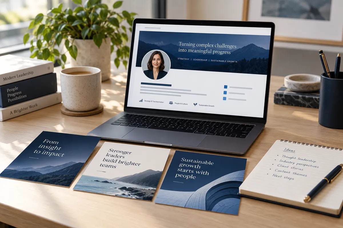 Illustrative professional profile on a laptop alongside sample content designs.