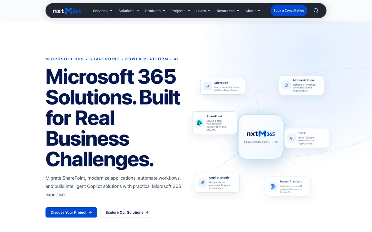 The nxtM365 homepage presenting Microsoft 365 solutions and services.