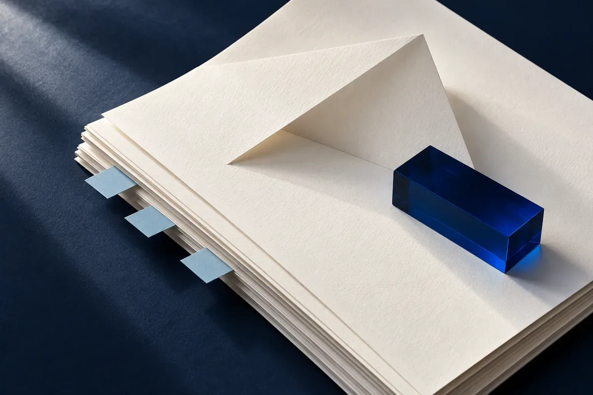 Folded ivory paper, blue tabs, and a sapphire paperweight arranged as an editorial still life.