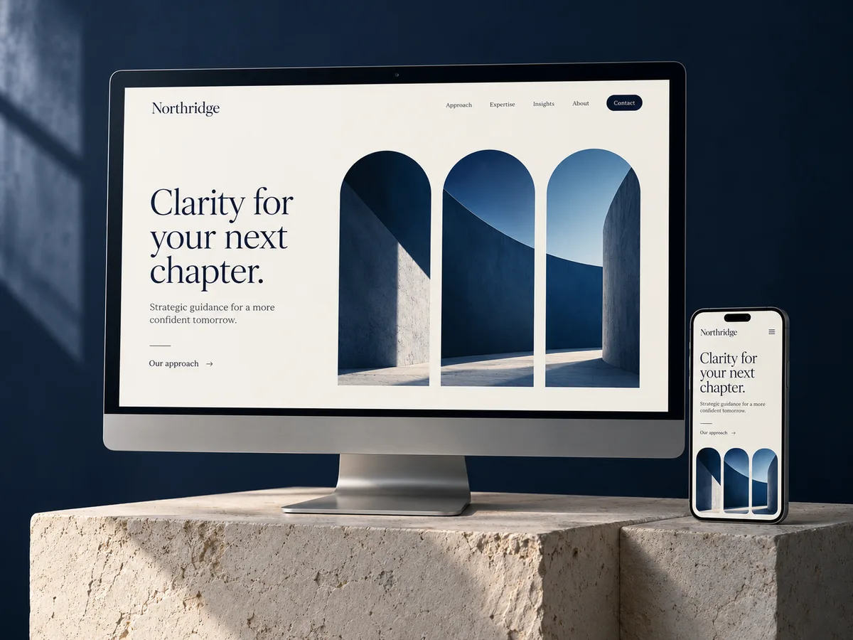 AI-generated website concept for fictional Northridge, displayed on desktop and mobile screens on a stone plinth.