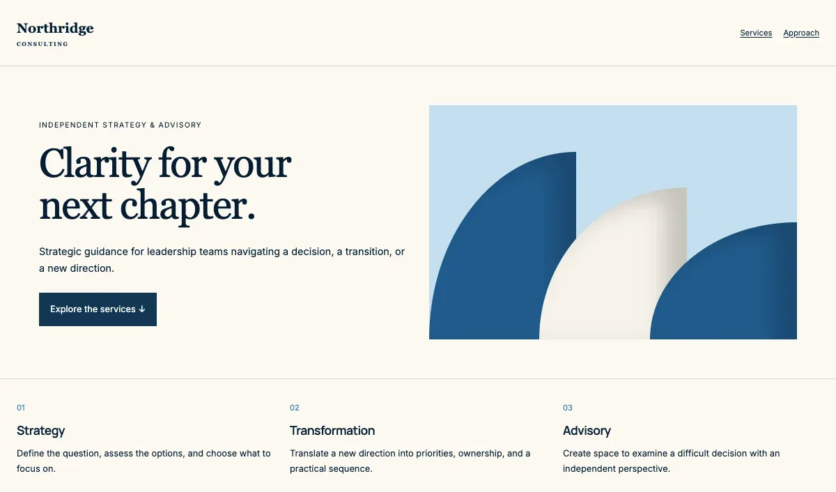 Fictional Northridge Consulting website sample with a headline and three services.