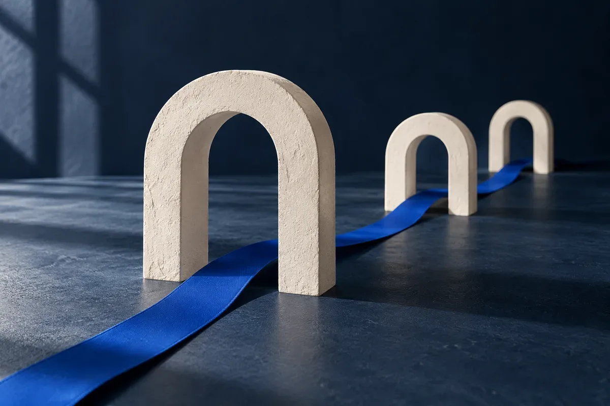 Three ivory arches connected by a sapphire ribbon, illustrating a clear path through customer questions.