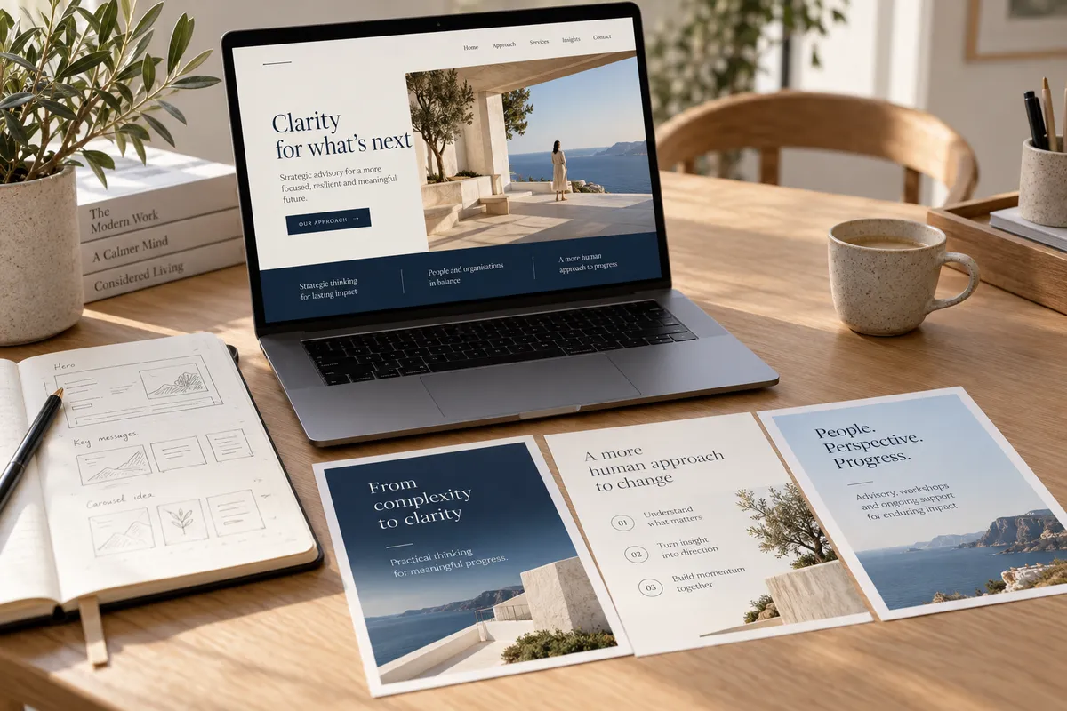 A fictional website and editorial designs arranged on a studio desk.